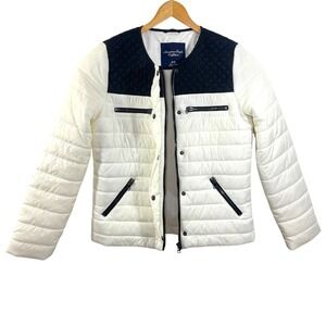 American Eagle Women's Quilted Puffer Jacket‎ Cream Black Moto Style Size M